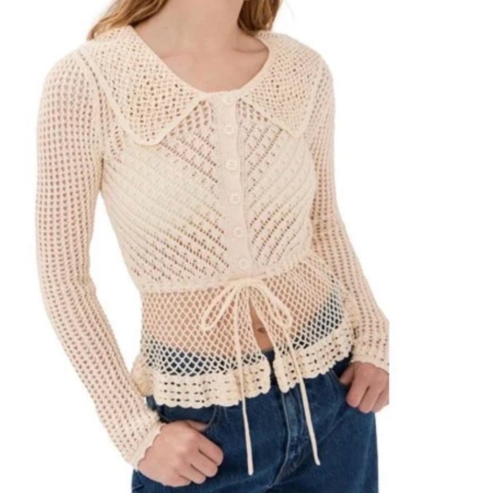 STAUD Cream Crochet Knit Cardigan with Peter Pan Collar